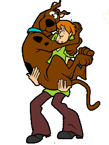 Shaggy holding Scooby Doo and shaking in fright.