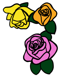Three digitally drawn roses. They are yellow, orange, and pink.