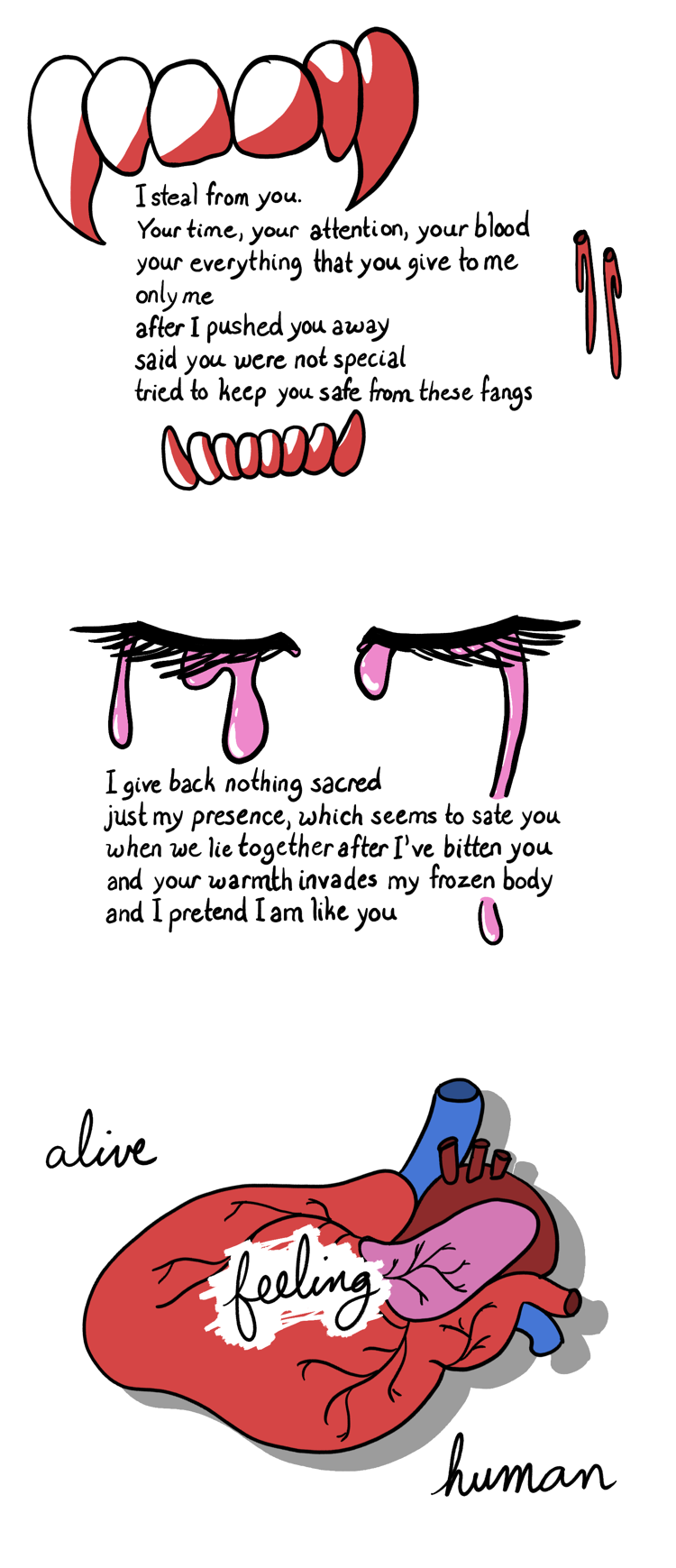 A poem split into three sections with digital art around the words. The first section is being bitten by vampire fangs with dark red shadows. There is a bleeding bite mark to the right. The second section has a pair of closed eyes crying shiny pink tears. The final section has a stylized human heart behind the word 'human.'