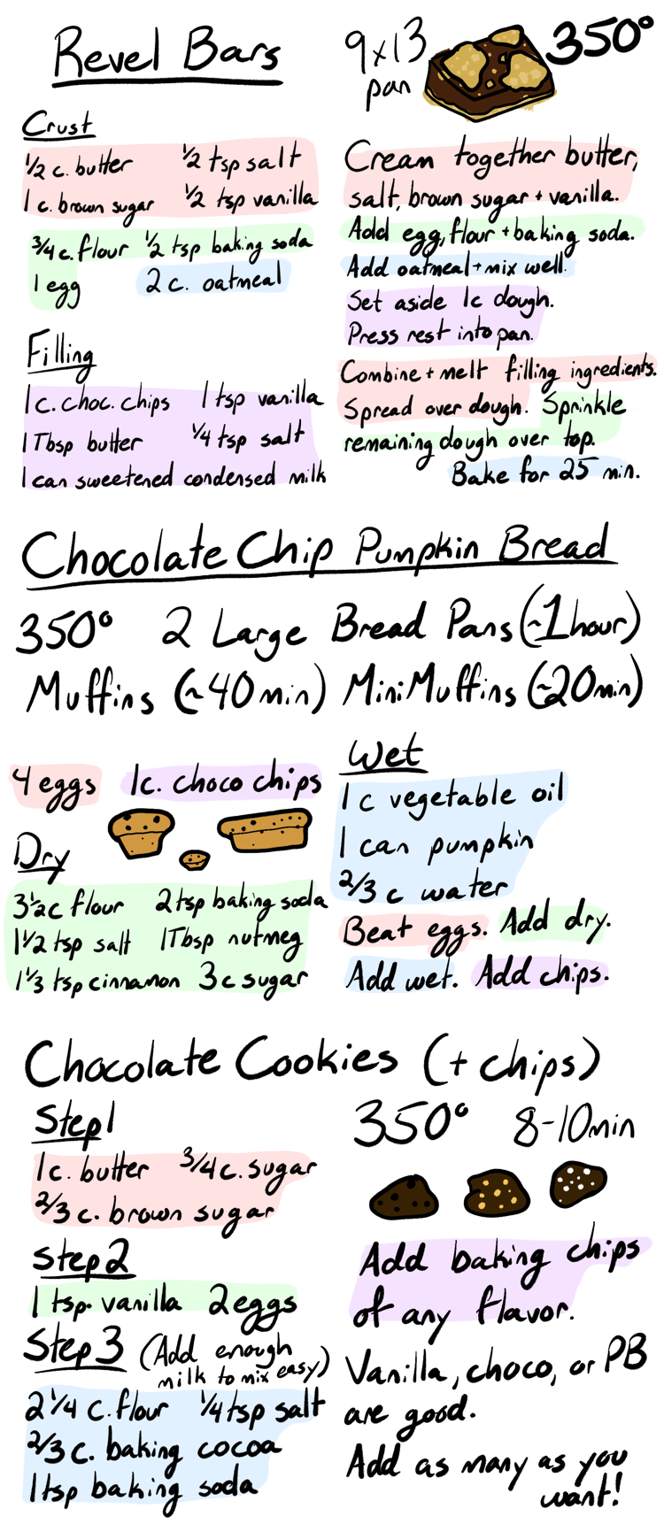 Three hand written recipes tittled Revel Bars, Chocolate Chip Pumpkin Bread, and Chocolate Cookies (with optional chips)